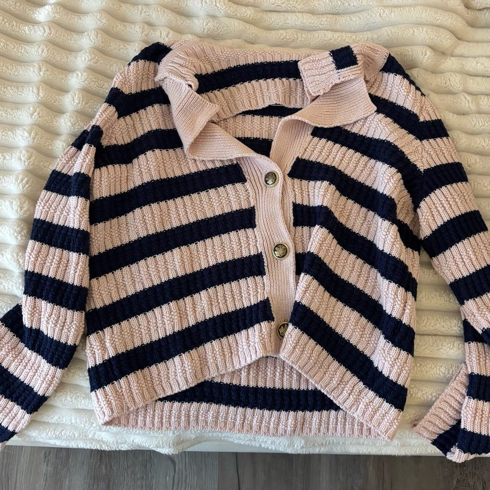 Maeve Pink and navy blue Striped Cardigan